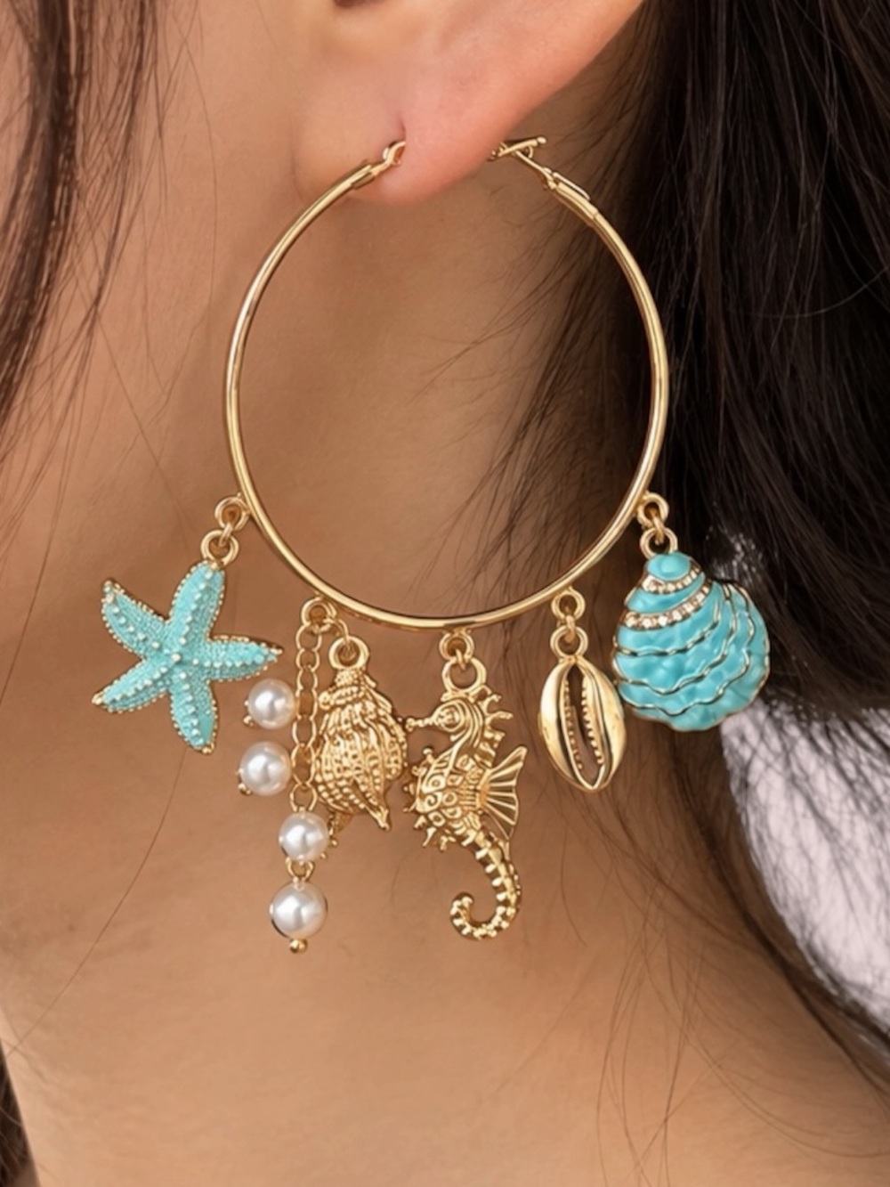 🐚 Turquoise Seashell & Starfish Hoop Earrings 🐚✨